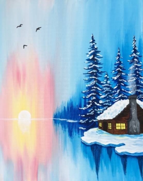Paint Nite-Winter Cabin Sunrise